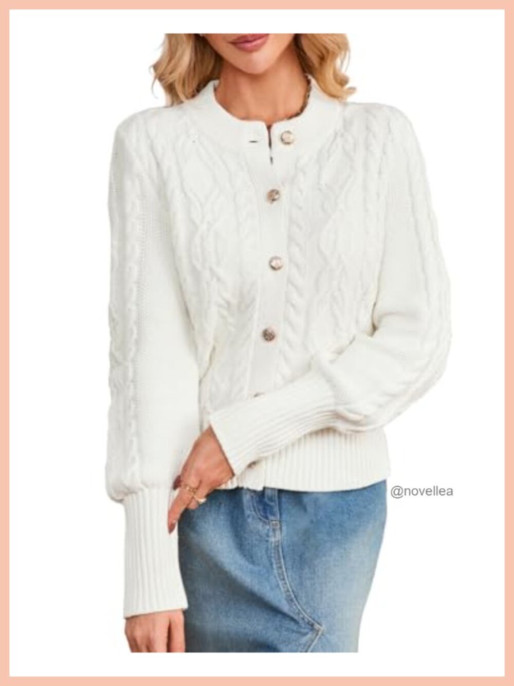 Cable Knit Cardigan Button Down Cropped Sweater Long Sleeve Bishop
